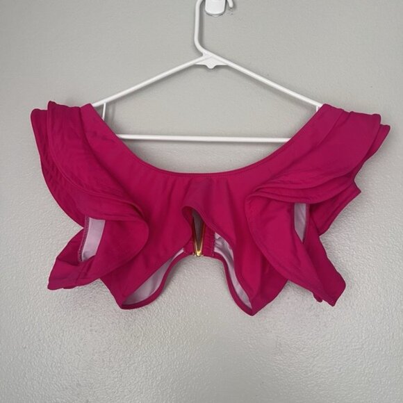 Women's Hot Pink Bikini Top Large Ruffle Sleeve V Cut Swim Water Gold Embellish - Picture 2 of 6